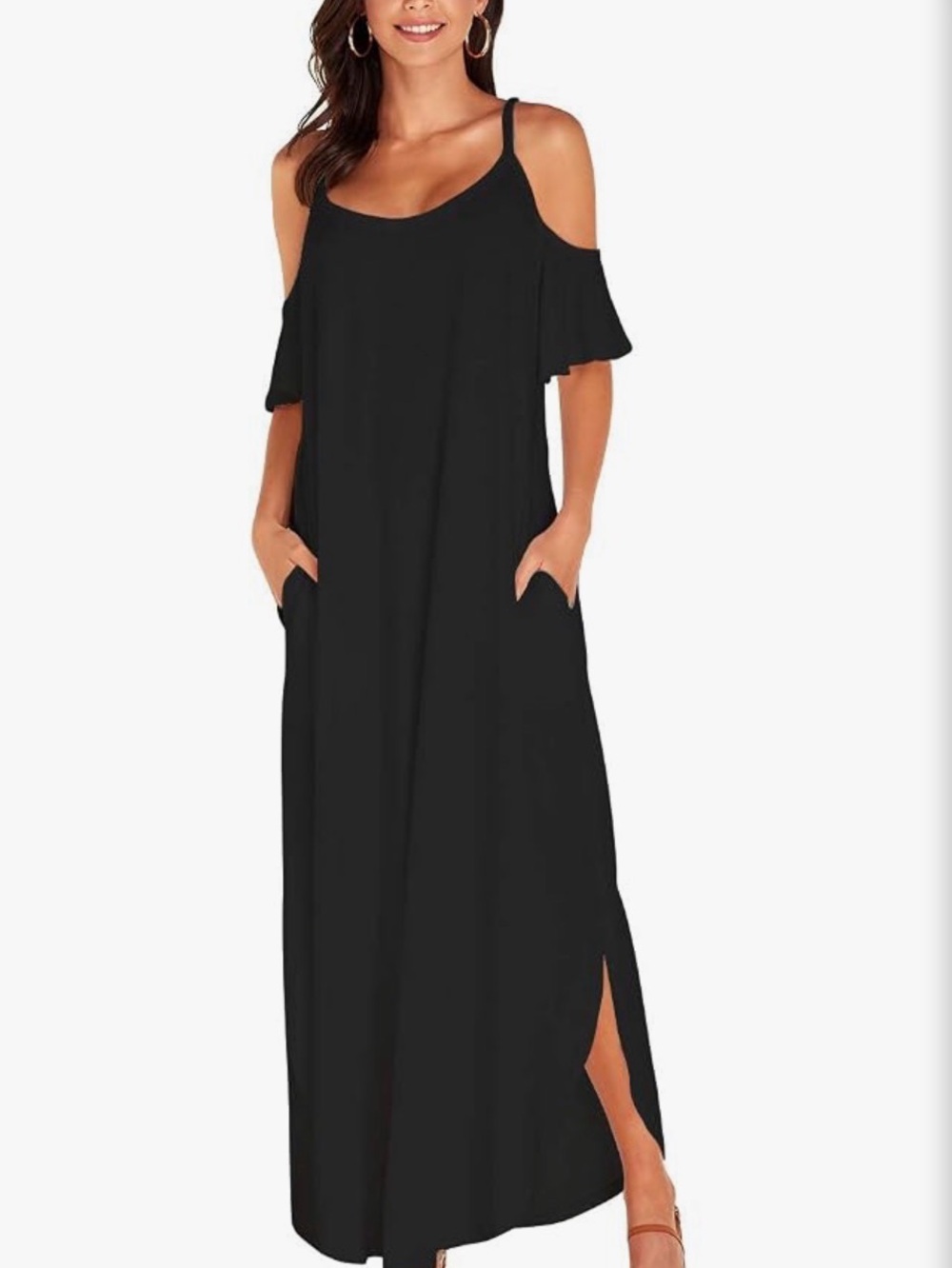 Black Cold-Shoulder Maxi Dress with Spaghetti Straps